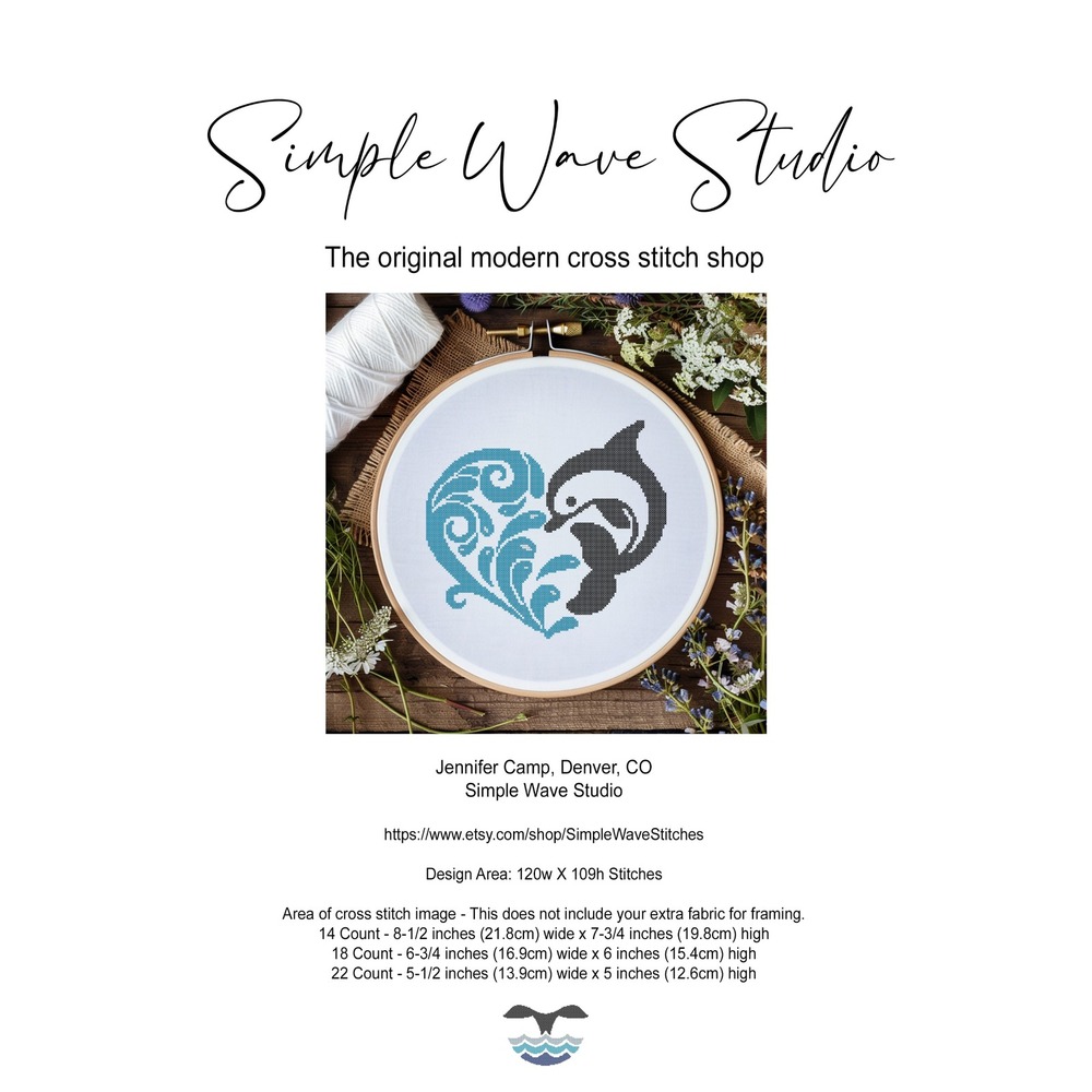Dolphin‎ Porpoise Heart Water Splash Beach Art Counted Cross Stitch Pattern